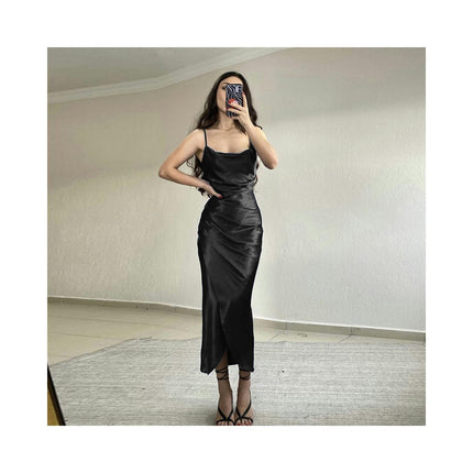 Women Sexy Satin Dress Bodycon Sleeveless Spaghetti Strap Ruched Maxi Dress