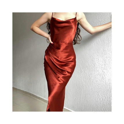 Women Sexy Satin Dress Bodycon Sleeveless Spaghetti Strap Ruched Maxi Dress