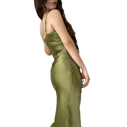 Women Sexy Satin Dress Bodycon Sleeveless Spaghetti Strap Ruched Maxi Dress