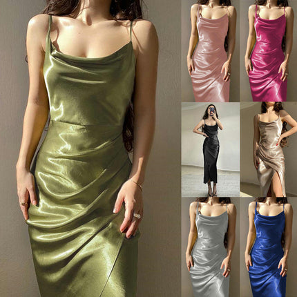 Women Sexy Satin Dress Bodycon Sleeveless Spaghetti Strap Ruched Maxi Dress