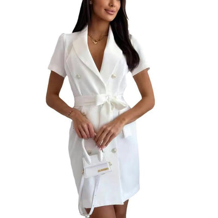 Women's Summer V-neck Short Sleeve Slim Fit Double Breasted Mini Blazer Dress