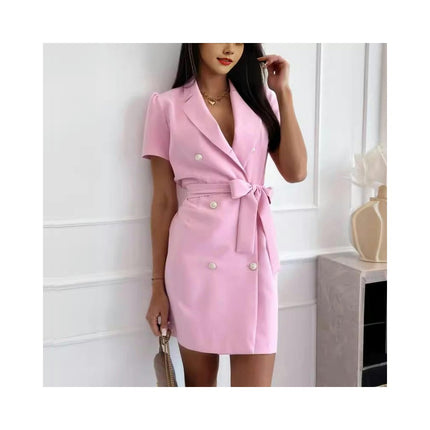 Women's Summer V-neck Short Sleeve Slim Fit Double Breasted Mini Blazer Dress