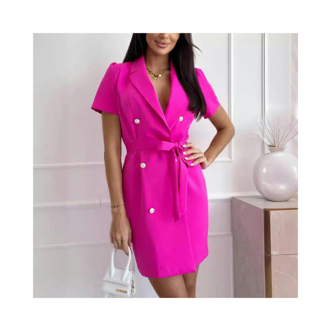 Women's Summer V-neck Short Sleeve Slim Fit Double Breasted Mini Blazer Dress