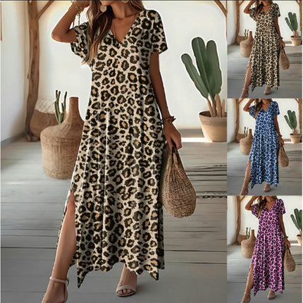 Women's Casual Summer V Neck Short Sleeve Dress Loose Split Maxi Dresses