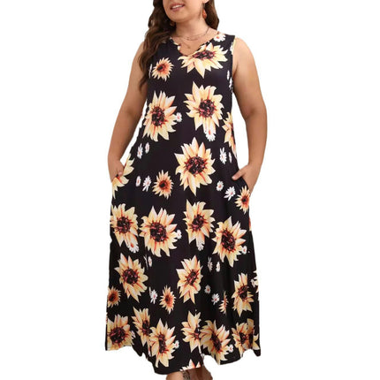 Women's Casual Summer V Neck Sleeveless Dress Loose Floral Maxi Dresses