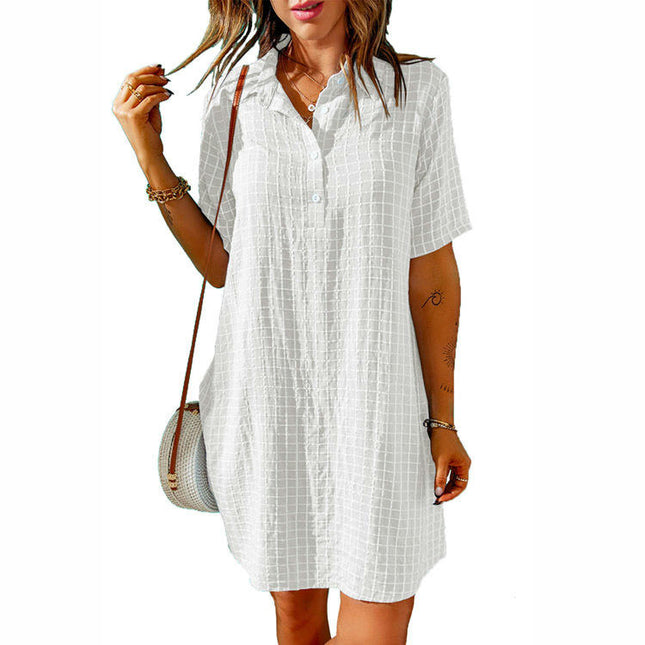 Women Botton Shirt Dress V Neck Short Sleeves Summer Tunic Dress