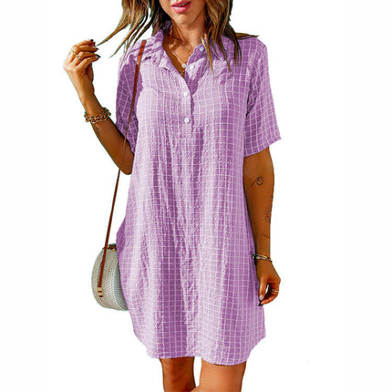 Women Botton Shirt Dress V Neck Short Sleeves Summer Tunic Dress