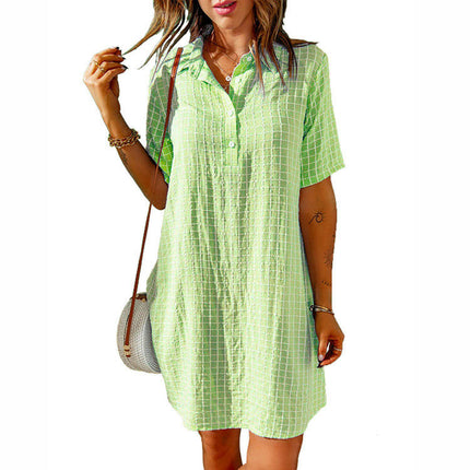 Women Botton Shirt Dress V Neck Short Sleeves Summer Tunic Dress