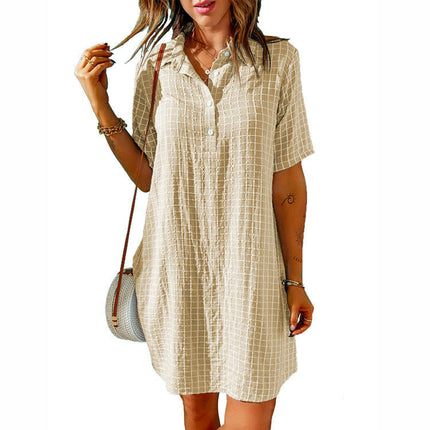 Women Botton Shirt Dress V Neck Short Sleeves Summer Tunic Dress