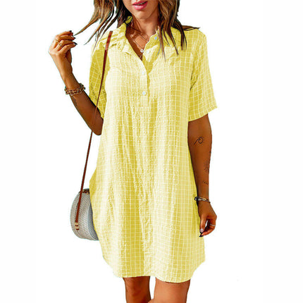 Women Botton Shirt Dress V Neck Short Sleeves Summer Tunic Dress