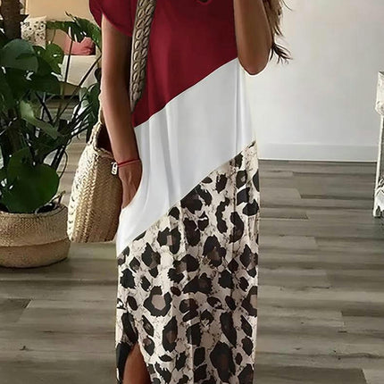 Women Short Sleeve V Neck Maxi Dress Color Block Split Loose Long Summer Dresses