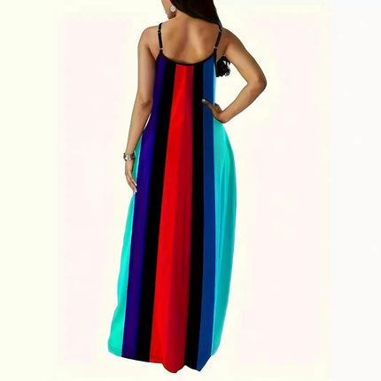 Women's Summer Color Block Loose Spaghetti Strap Dress Sleeveless V Neck Maxi Dresses