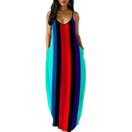 Women's Summer Color Block Loose Spaghetti Strap Dress Sleeveless V Neck Maxi Dresses