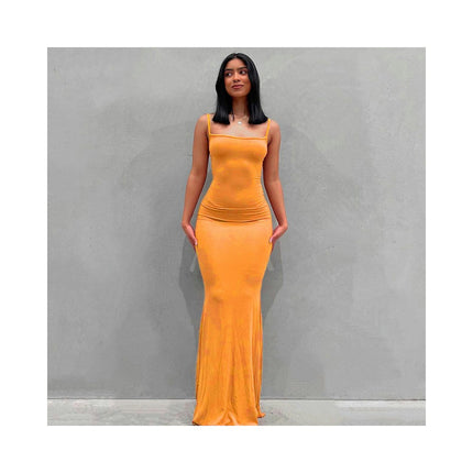 Women's Summer Sleeveless Bodycon Dress Spaghetti Strap Square Neck Maxi Dresses