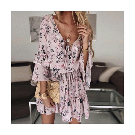 Women Floral Ruffled 4/3 Sleeve Tie V Neck A Line Summer Mini Dress