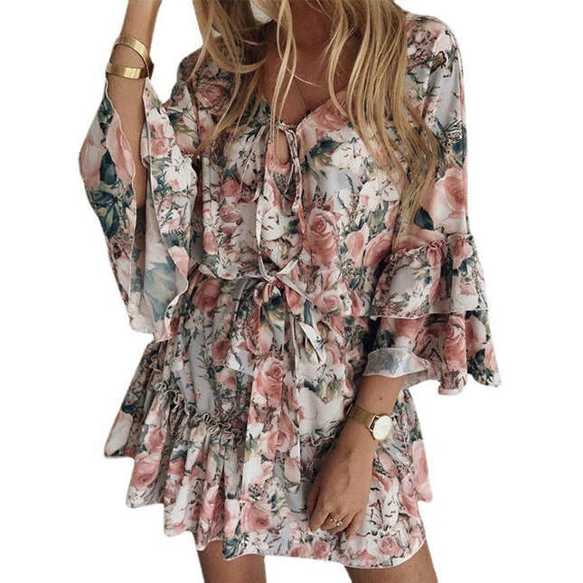 Women Floral Ruffled 4/3 Sleeve Tie V Neck A Line Summer Mini Dress