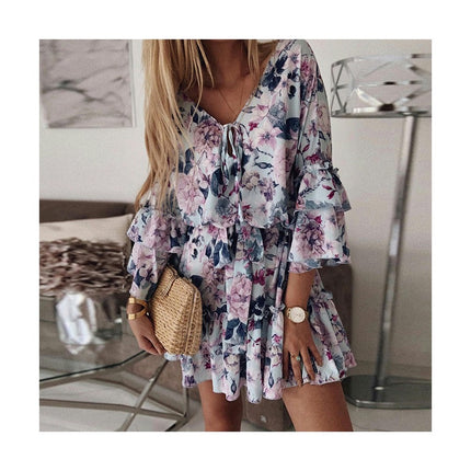 Women Floral Ruffled 4/3 Sleeve Tie V Neck A Line Summer Mini Dress