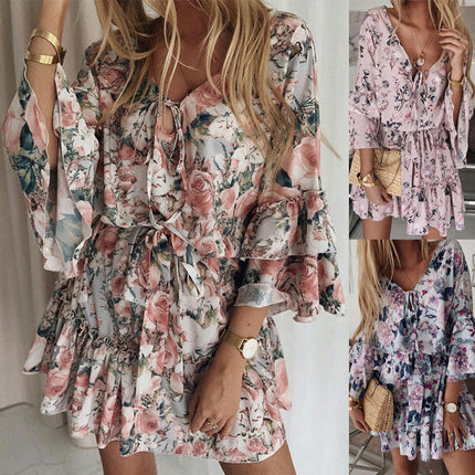 Women Floral Ruffled 4/3 Sleeve Tie V Neck A Line Summer Mini Dress