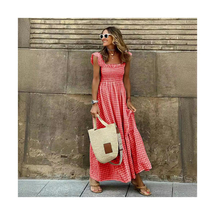 Women's Summer Ruffle Strap Sleeveless Square Neck Smocked Flowy A Line Maxi Dress