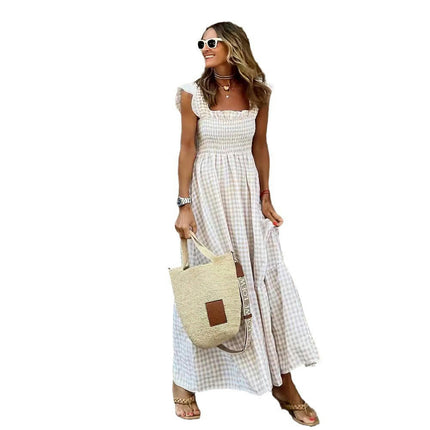 Women's Summer Ruffle Strap Sleeveless Square Neck Smocked Flowy A Line Maxi Dress