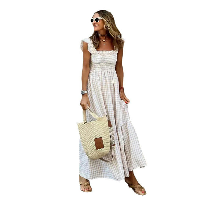 Women's Summer Ruffle Strap Sleeveless Square Neck Smocked Flowy A Line Maxi Dress