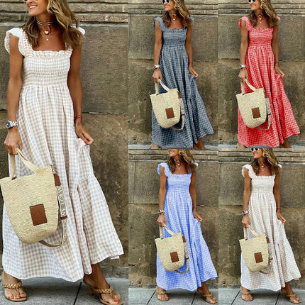 Women's Summer Ruffle Strap Sleeveless Square Neck Smocked Flowy A Line Maxi Dress