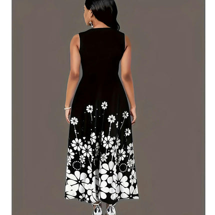 Women's Casual Sleeveless Crew Neck Dress Floral  A-Line Maxi Dresses