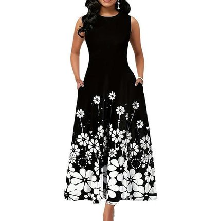 Women's Casual Sleeveless Crew Neck Dress Floral  A-Line Maxi Dresses