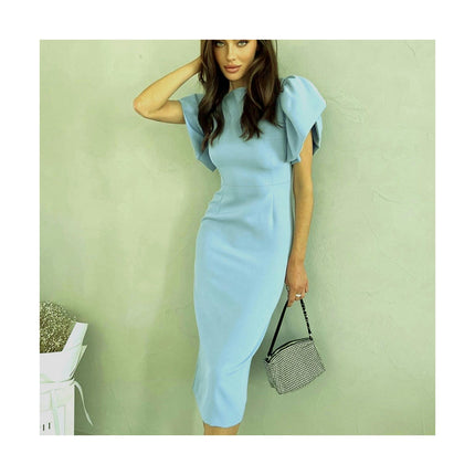 Women's Elegant Ruffle Short Sleeve Crew Neck Bodycon Midi Pencil Dress