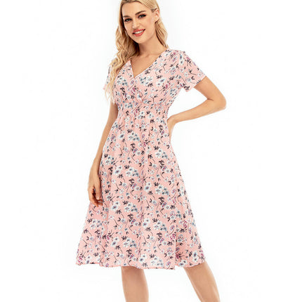 Women's Summer Casual Boho Dress Floral Short Sleeve A Line Midi Beach Dresses