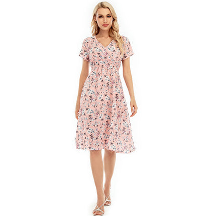 Women's Summer Casual Boho Dress Floral Short Sleeve A Line Midi Beach Dresses