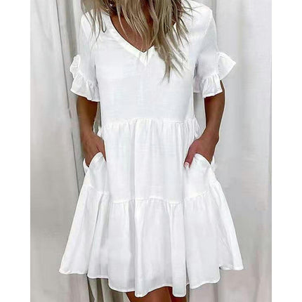 Womens Summer Ruffle Short Sleeve V Neck Mini Dress Casual Flowy Tiered Sundress