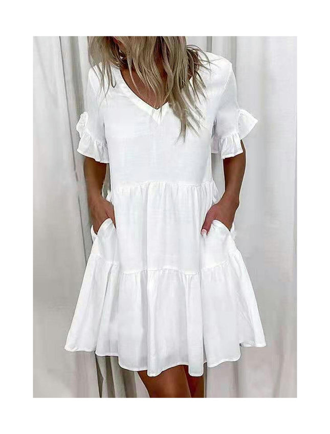 Womens Summer Ruffle Short Sleeve V Neck Mini Dress Casual Flowy Tiered Sundress