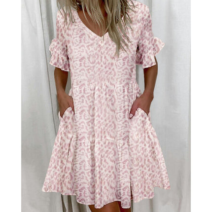 Womens Summer Ruffle Short Sleeve V Neck Mini Dress Casual Flowy Tiered Sundress