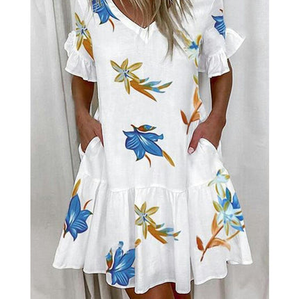 Womens Summer Ruffle Short Sleeve V Neck Mini Dress Casual Flowy Tiered Sundress