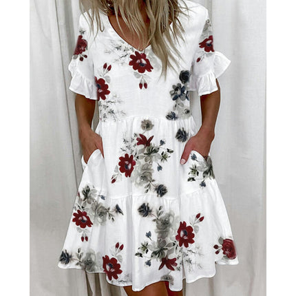 Womens Summer Ruffle Short Sleeve V Neck Mini Dress Casual Flowy Tiered Sundress