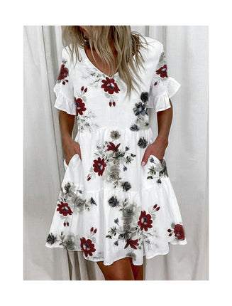 Womens Summer Ruffle Short Sleeve V Neck Mini Dress Casual Flowy Tiered Sundress