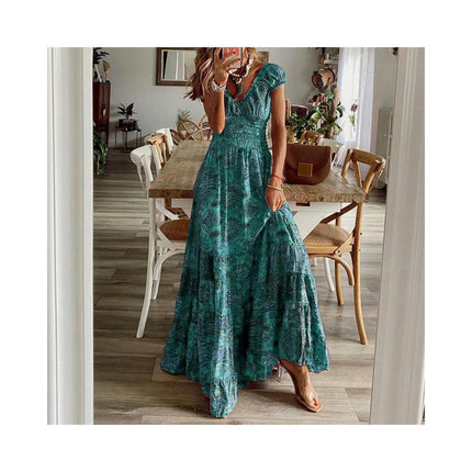 Women's Summer Casual Boho Dress Floral Short Sleeve A Line Tiered Ruffle Maxi Dresses