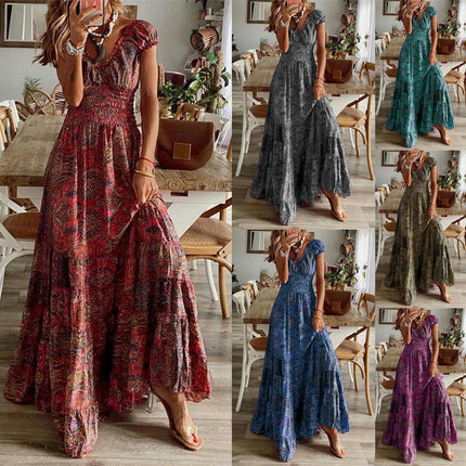 Women's Summer Casual Boho Dress Floral Short Sleeve A Line Tiered Ruffle Maxi Dresses