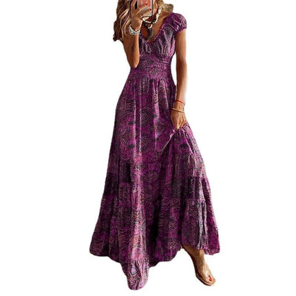 Women's Summer Casual Boho Dress Floral Short Sleeve A Line Tiered Ruffle Maxi Dresses