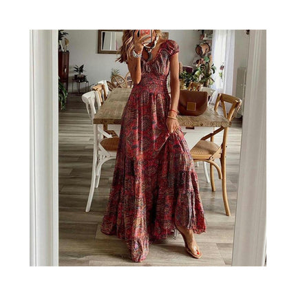 Women's Summer Casual Boho Dress Floral Short Sleeve A Line Tiered Ruffle Maxi Dresses