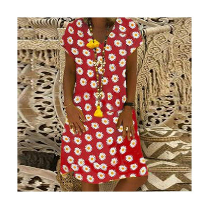 Women's Summer Casual Boho V Neck Dress Floral Short Sleeve Loose Mini Dresses