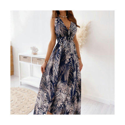 Women Deep V Neck Elegant Casual Long Dress Sexy Maxi Sleeveless Swing Floral Dresses