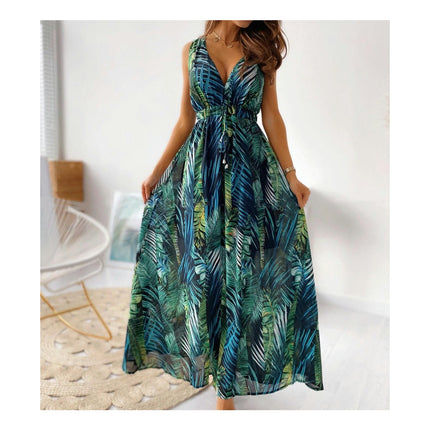 Women Deep V Neck Elegant Casual Long Dress Sexy Maxi Sleeveless Swing Floral Dresses