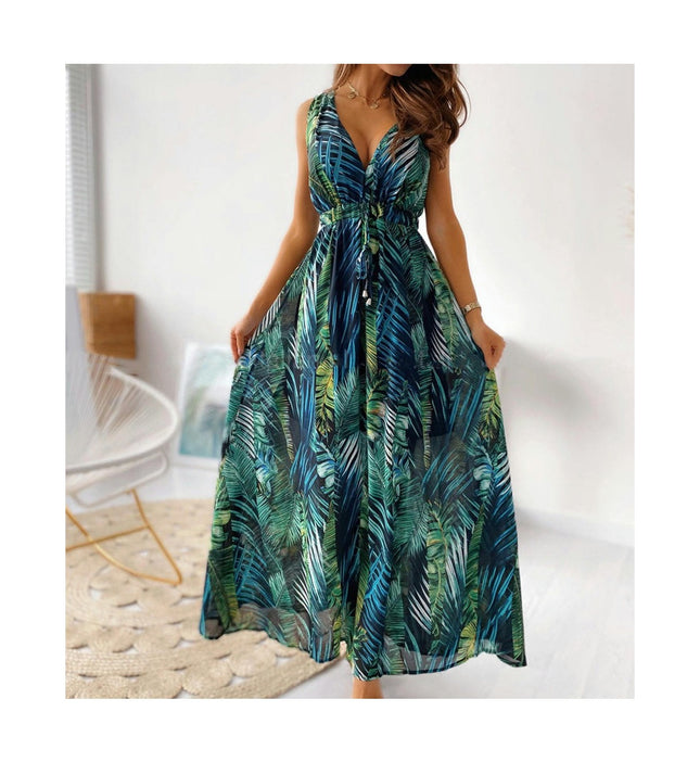 Women Deep V Neck Elegant Casual Long Dress Sexy Maxi Sleeveless Swing Floral Dresses