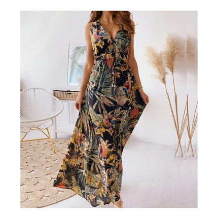 Women Deep V Neck Elegant Casual Long Dress Sexy Maxi Sleeveless Swing Floral Dresses