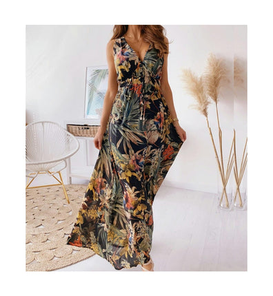 Women Deep V Neck Elegant Casual Long Dress Sexy Maxi Sleeveless Swing Floral Dresses