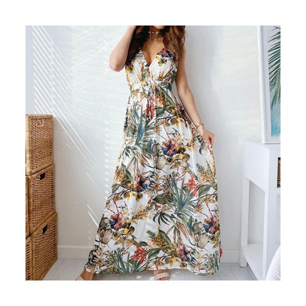 Women Deep V Neck Elegant Casual Long Dress Sexy Maxi Sleeveless Swing Floral Dresses