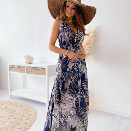 Women Deep V Neck Elegant Casual Long Dress Sexy Maxi Sleeveless Swing Floral Dresses