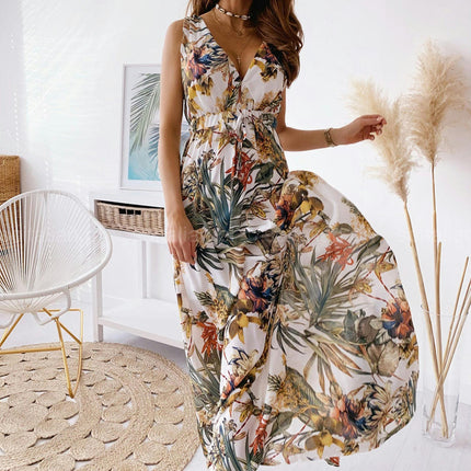 Women Deep V Neck Elegant Casual Long Dress Sexy Maxi Sleeveless Swing Floral Dresses